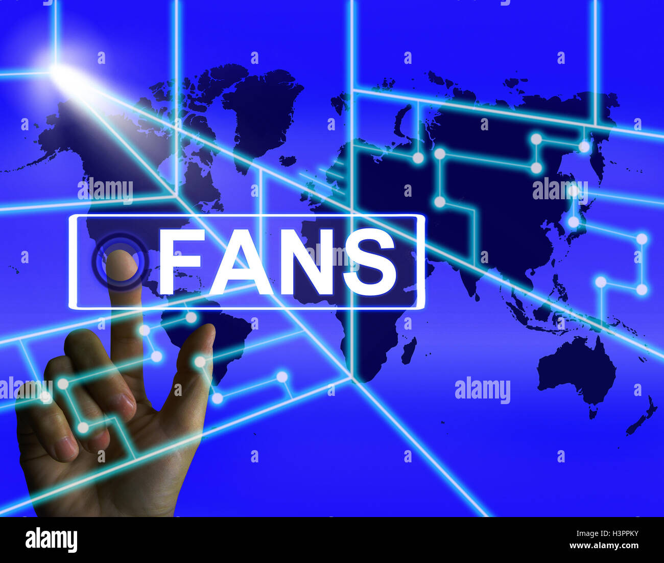 Bildschirm zeigt weltweit oder Internet-Anhänger oder Bewunderer-Fans Stockfoto