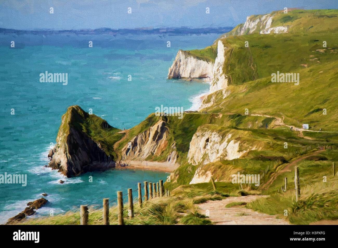 Küste von Dorset in Richtung Durdle Door Abbildung wie Ölgemälde Stockfoto