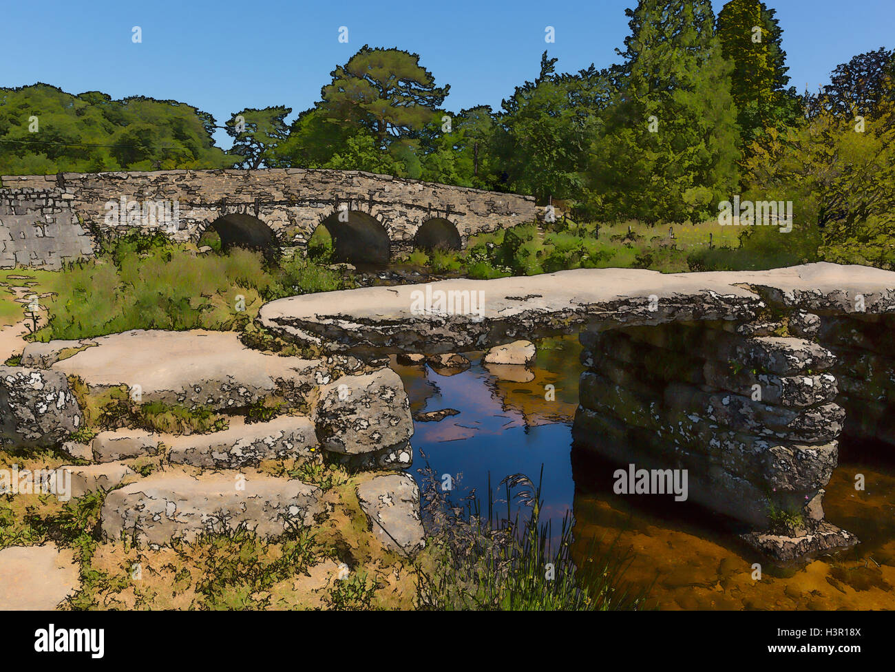 Postbridge alten Klöppel Brücke in Dartmoor National Park Devon England UK leuchtenden Farben Abbildung wie Zeichentrick-Effekt Stockfoto