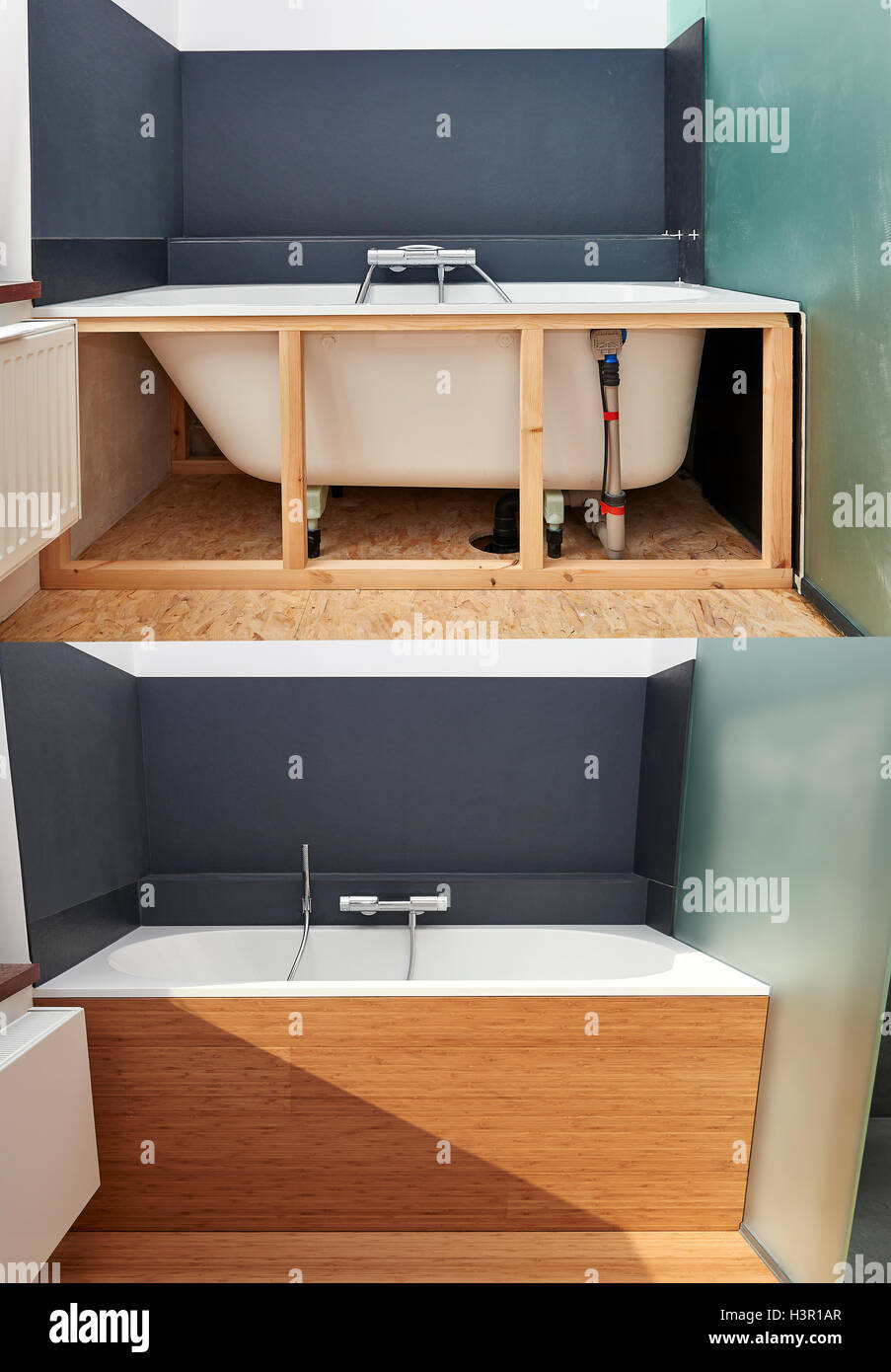 Konstruktion: zwei Schritte der Umgestaltung eines Badezimmers Stockfoto