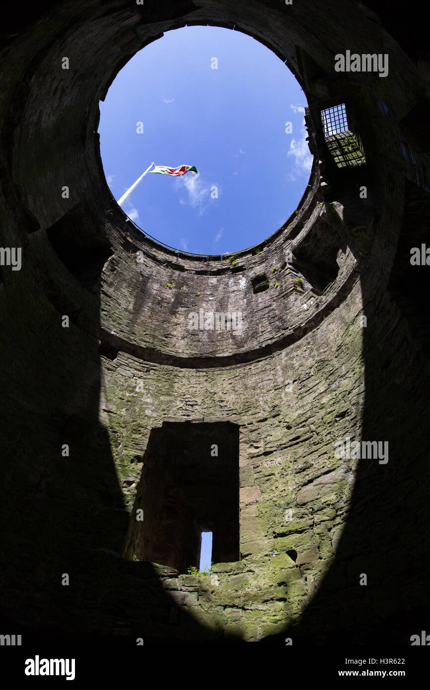 Stadt Conwy, Wales. Malerische Aussicht auf die walisische Nationalflagge fliegen über die Nord-West-Turm von Conwy Castle. Stockfoto