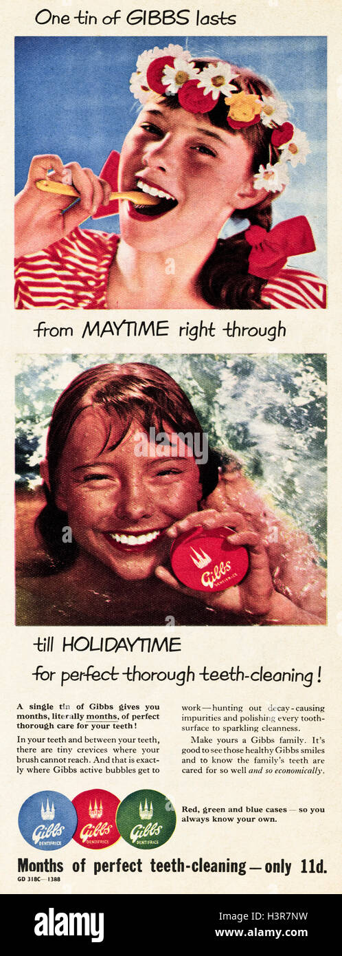 1950er Jahre Werbung Anzeige aus original alten Vintage Magazin datiert 1952 Werbung für Gibbs Zahnputzmittel Stockfoto