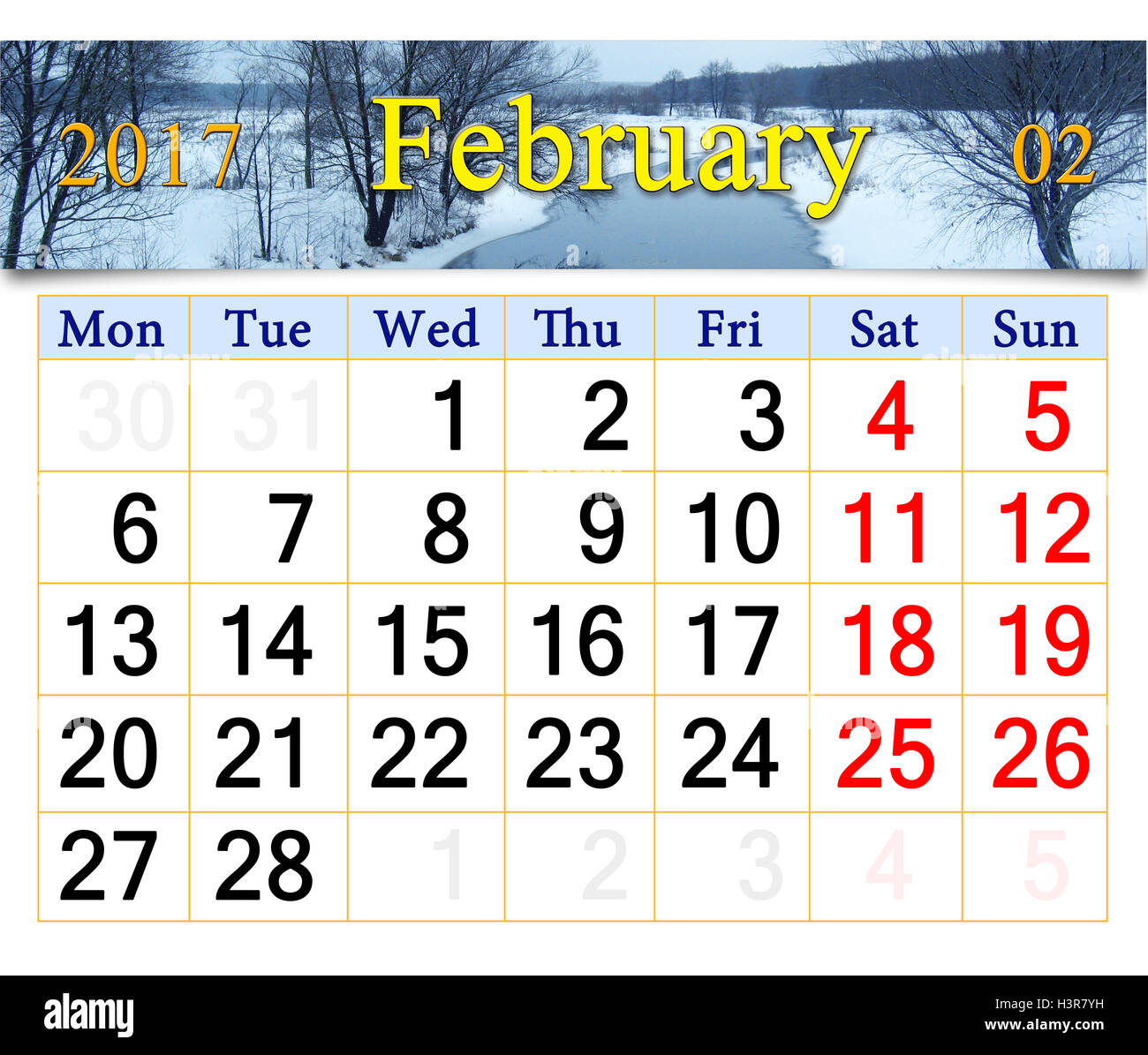 schöne Kalender für Februar 2017 mit Winter Fluss Stockfoto