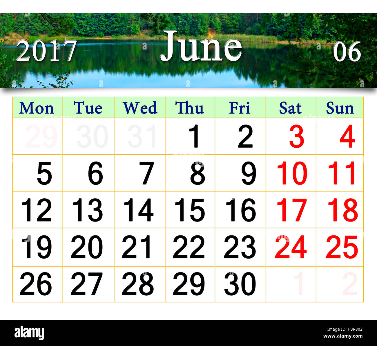 Kalender für Juni 2016 auf dem Hintergrund der Waldsee. Kalender für das Drucken und verwenden im Büroalltag. Stockfoto