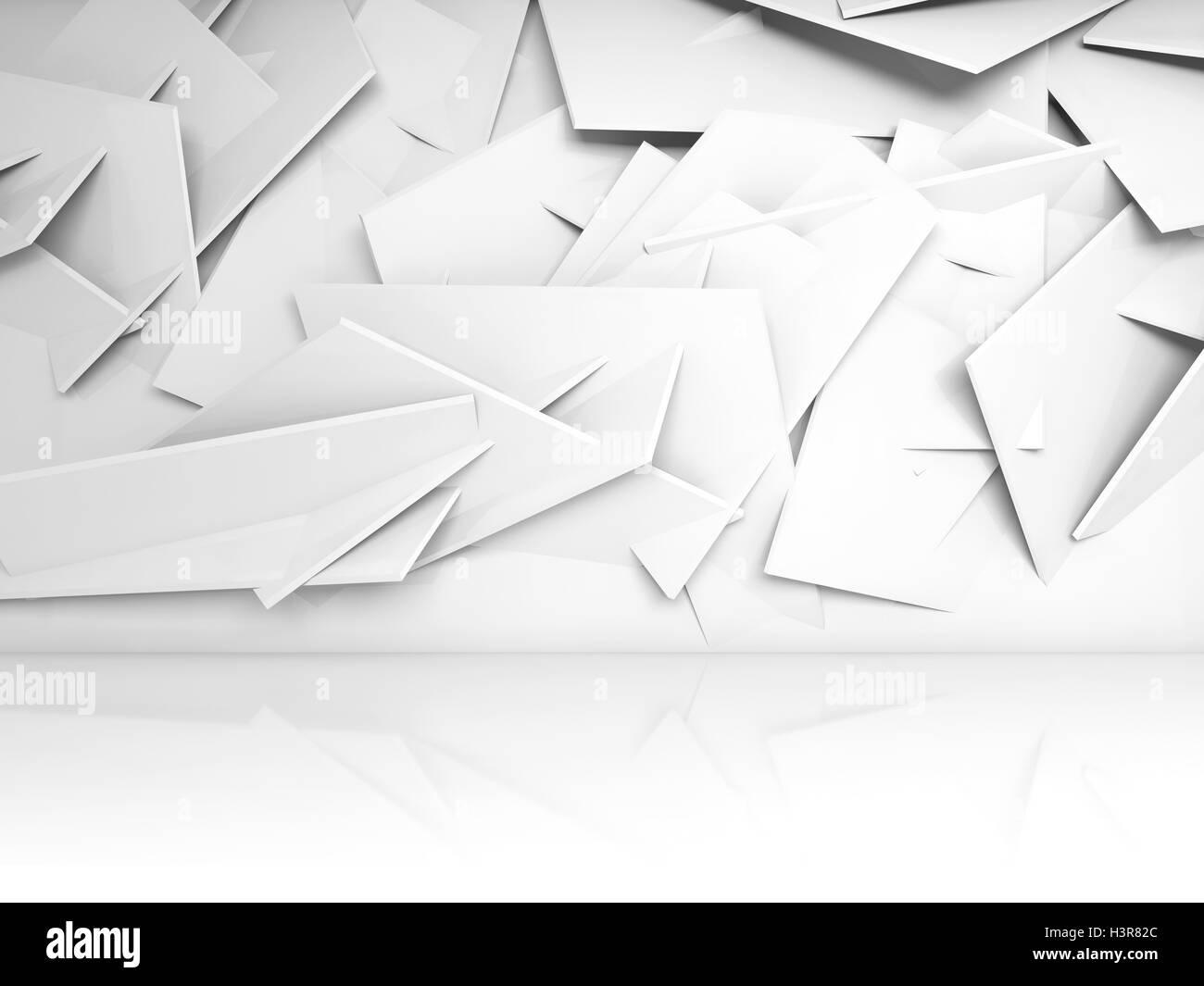 Abstrakte weißen Innenraum Hintergrund, Installation von chaotischem polygonalen Elementen an Stirnwand. 3D Illustration, Computer graphi Stockfoto