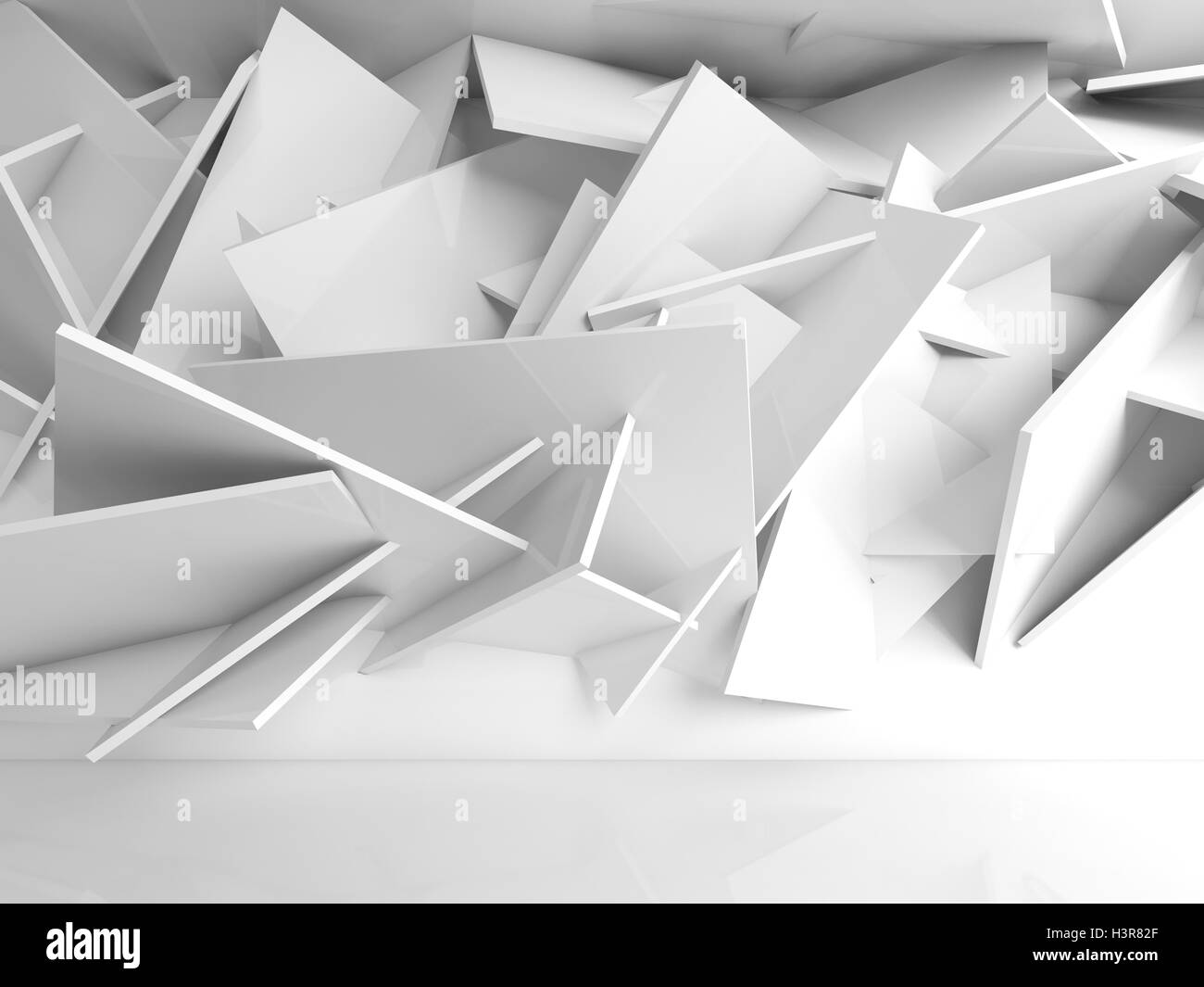 Abstrakte digitale innen Hintergrund, Installation von chaotischem polygonalen Elementen an Stirnwand. 3D Illustration, Computer grap Stockfoto