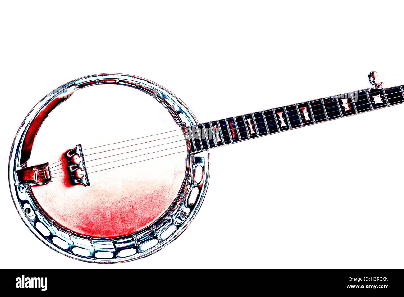 5-String Bluegrass Banjo auf einem weißen Hintergrund im Grunge-Stil. Stockfoto