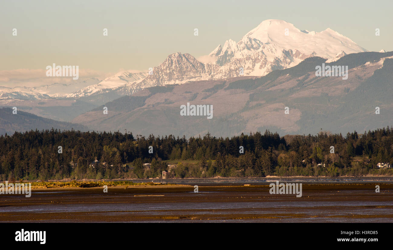 Der Blick auf Mt Baker über Peters Bay in der Nähe von Anacortes, Washington Stockfoto
