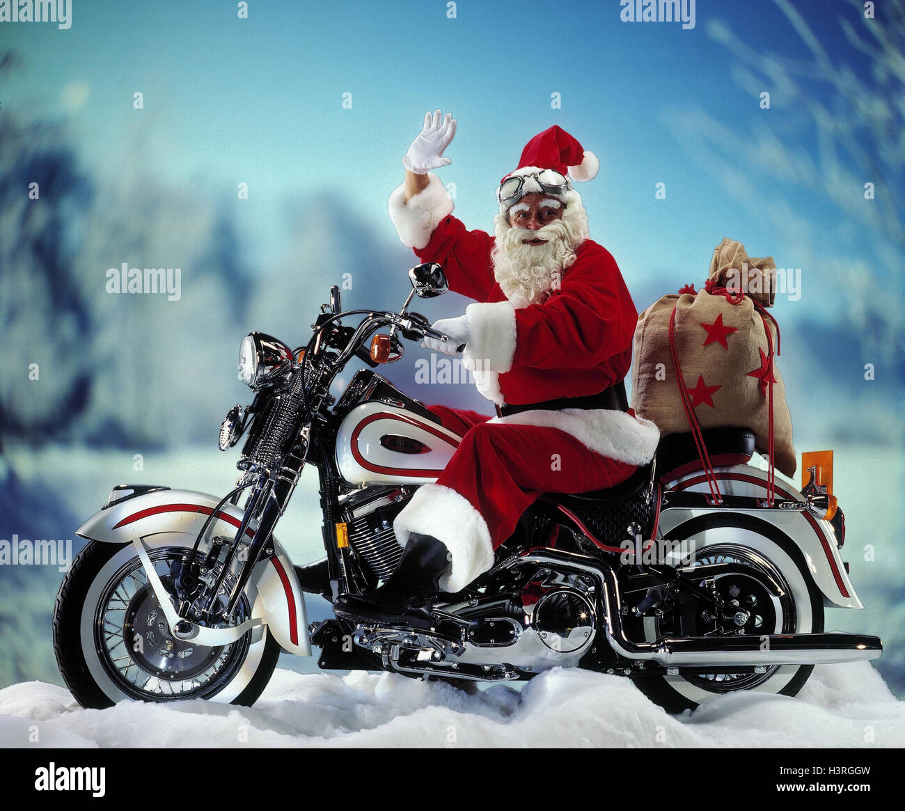Santa Claus, Motorrad-Weihnachten, Santa, Laufwerk, Geste, Welle, Gruß,  Beutel Stockfotografie - Alamy