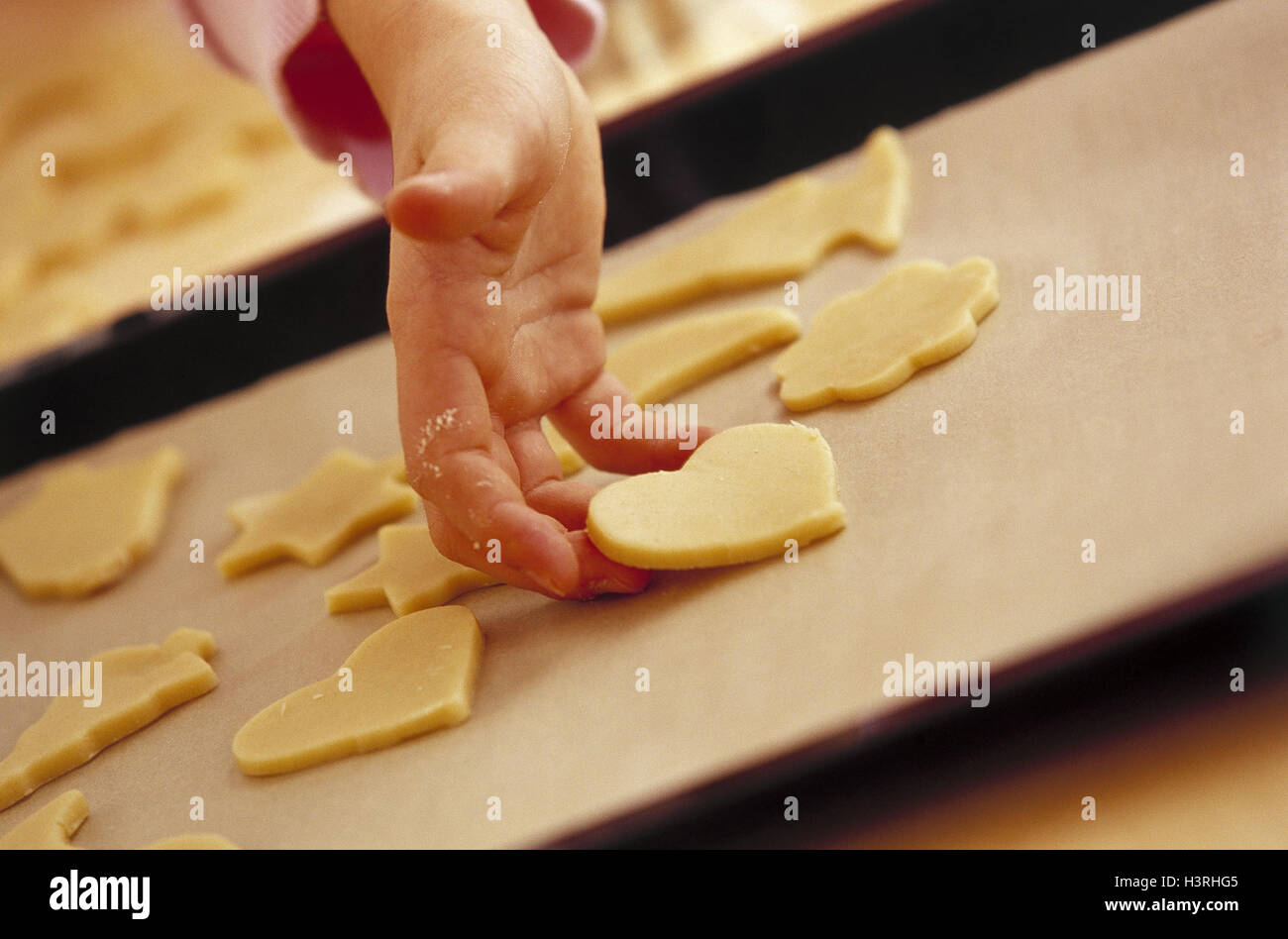 Yule Tide, Backen, Mädchen, Plätzchenteig, Backblech, platzieren, Nahaufnahme, Advent, Weihnachten, Weihnachten, Weihnachten, Haushalt, Vorbereitung, Gebäck, Teig, Kuchen, Weihnachten Baker, süß, Keks, Weihnachten Keks, Kind, Detail, Hand, Kind Han Stockfoto