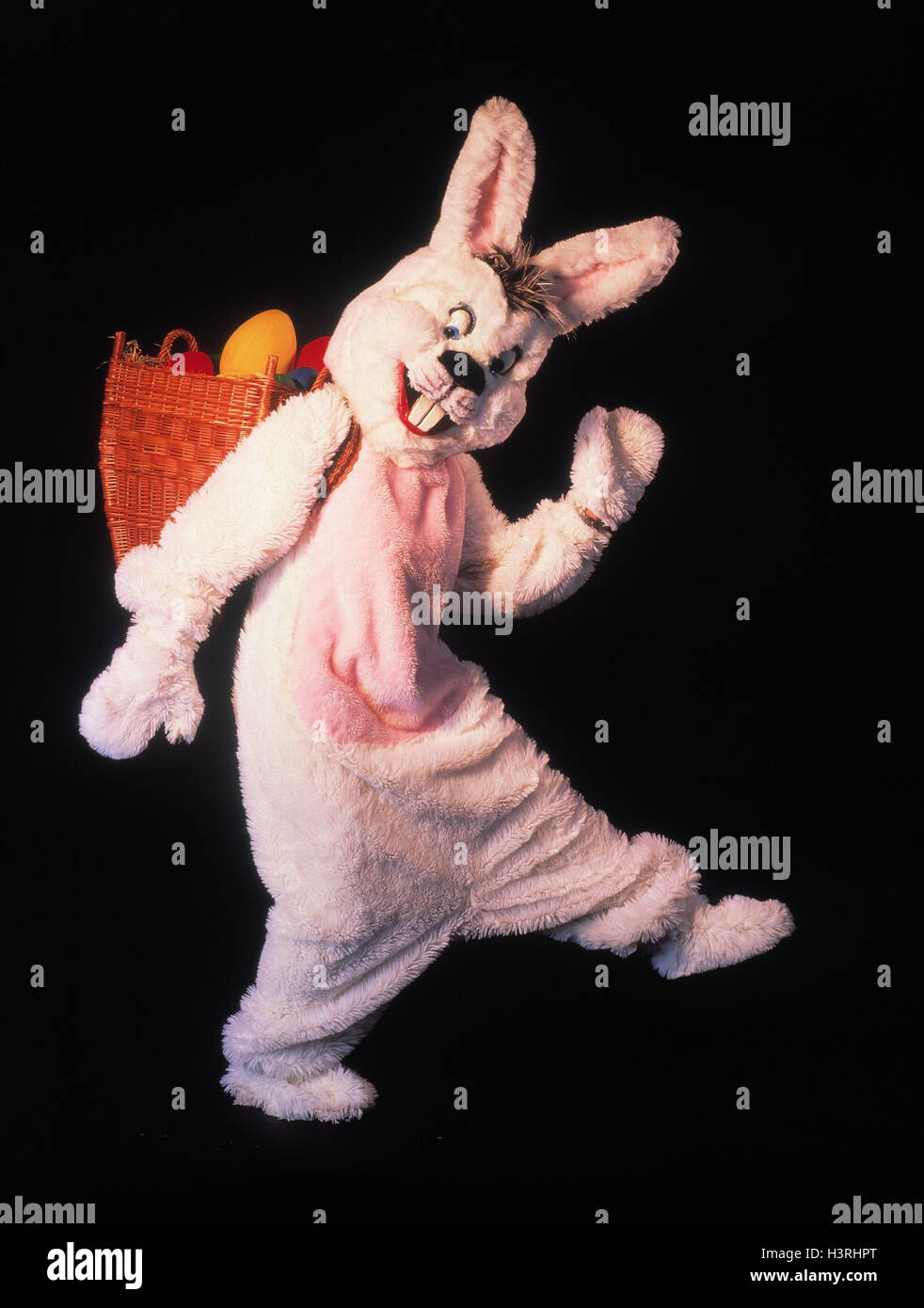 Ostern, Osterhase, Korb, Geste, Futter, Kostüm, Ostereier, innen, Studio, Paneele, Ostereier, Ostern Bunny Kostüm, Ostern Brauch, Hares Kostüm Stockfoto