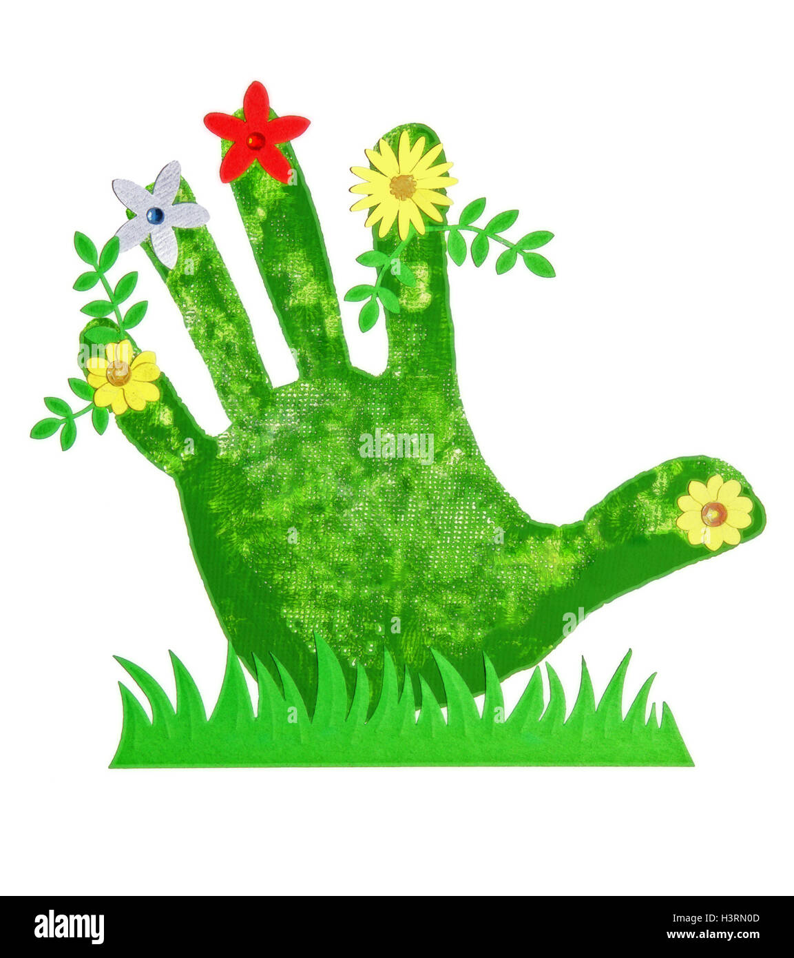 Zeichnung einer Hand mit Blumen und Gräsern.  Konzept für Natur grün und gesund zu halten. Stockfoto