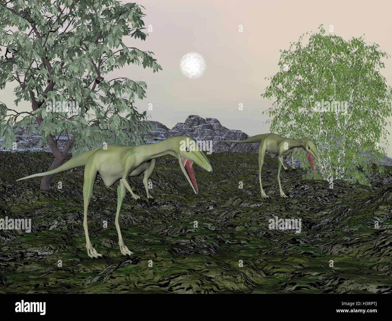 Compsognathus Dinosaurier Mama und Baby-3D render Stockfoto