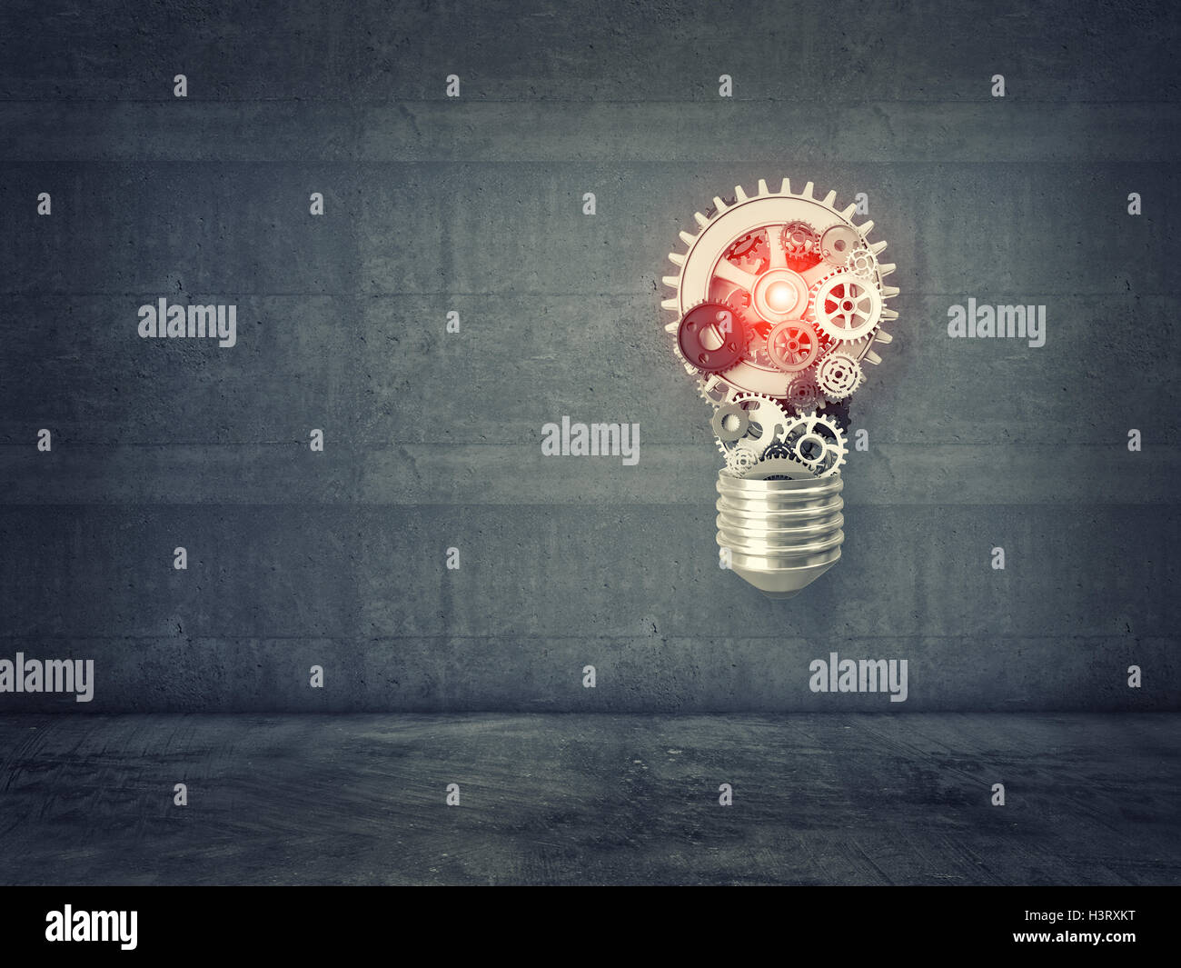 3D-Rendering Glühbirne mit Getriebeteil Stockfoto