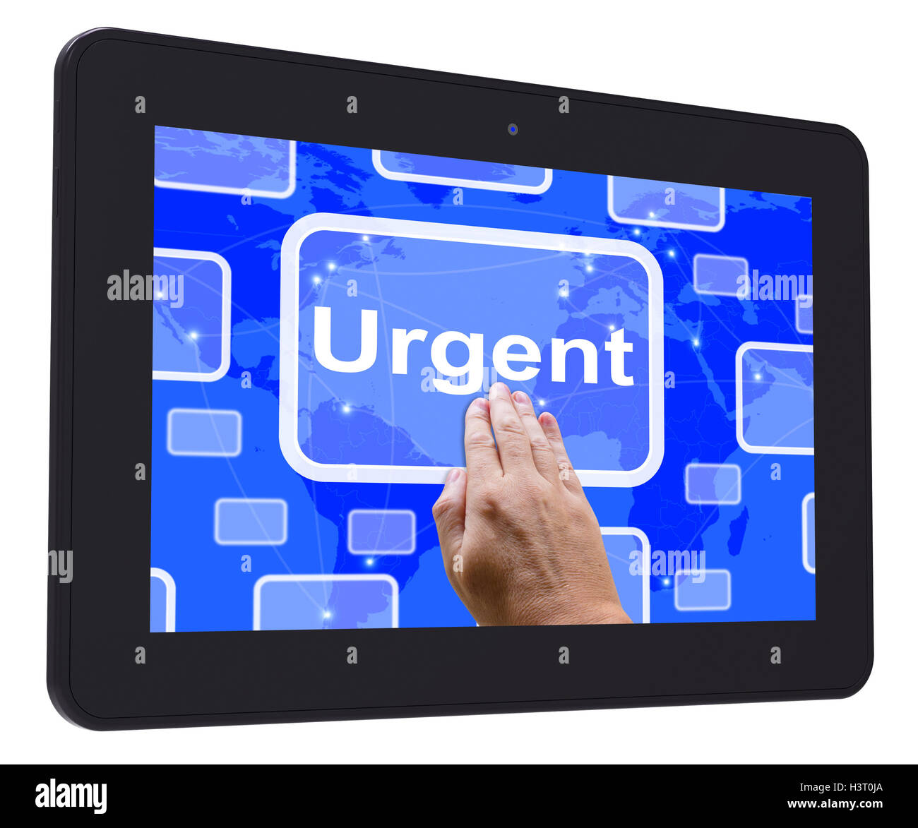 Dringende Tablet Touchscreen zeigt dringende Priorität oder Geschwindigkeit Pump- Stockfoto