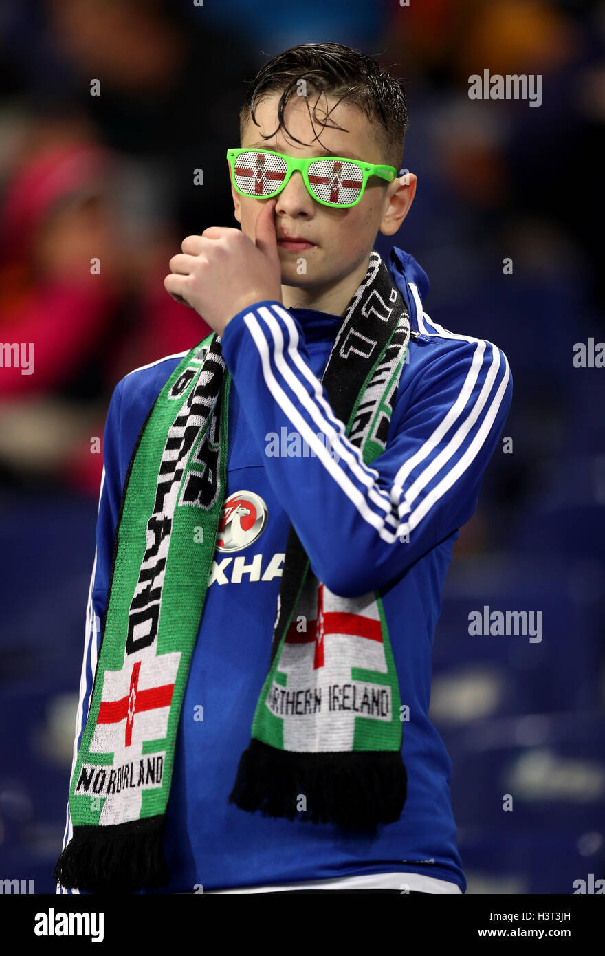 Nordirland-Fans auf der Tribüne während 2018 FIFA World Cup Qualifying match bei der HDI-Arena, Hannover. Stockfoto