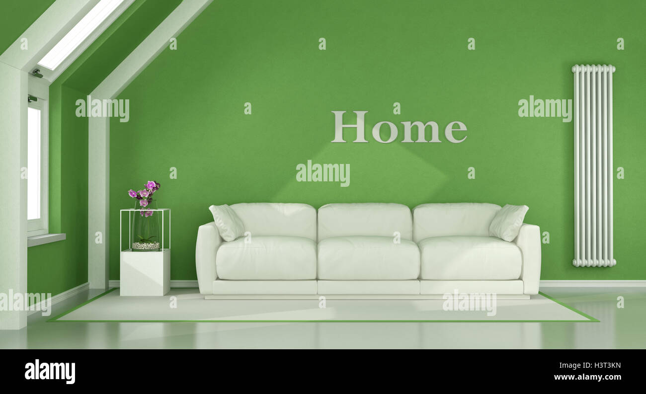 Grüne Wohnzimmer im Dachgeschoss mit weißen Sofa und vertikale Heizung - 3d rendering Stockfoto