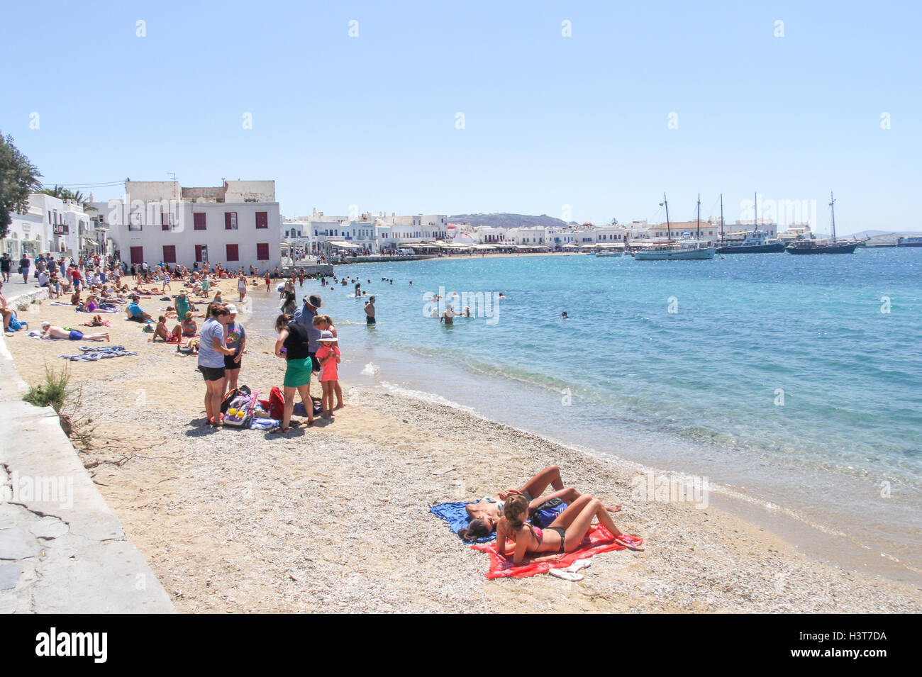 Der Strand in Chora, Mykonos, Griechenland Stockfoto
