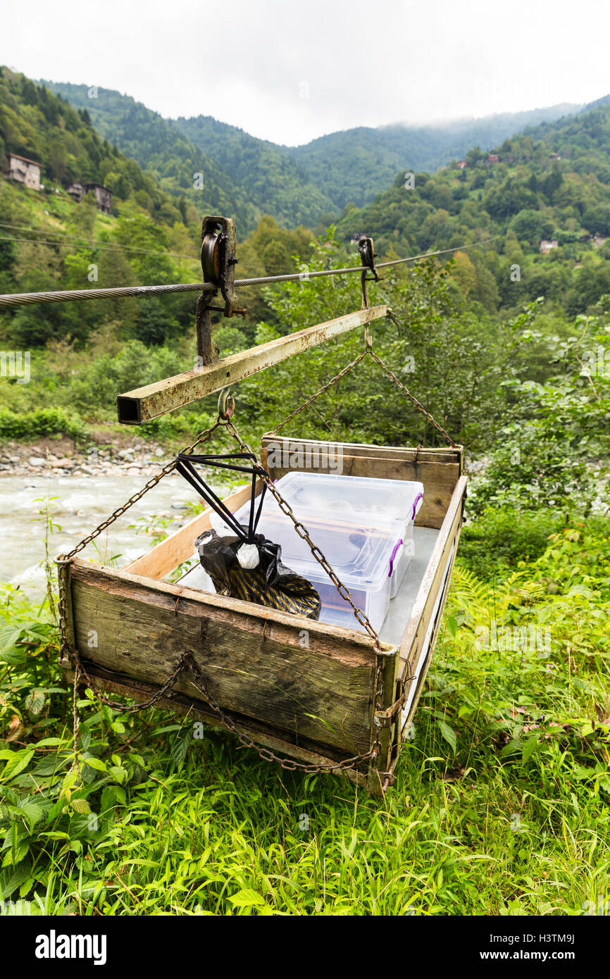Menschen vor Ort mit Drahtseil Weg Riemenscheibe System für einfache individuelle lädt Transport zwischen den Hauptstraßen und Berg Stockfoto