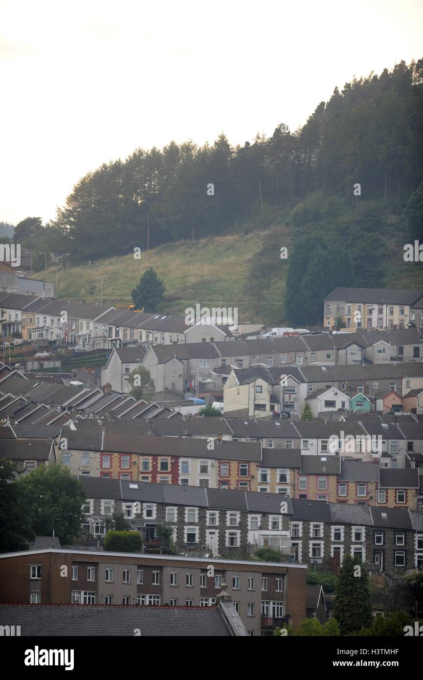 Einen allgemeinen Überblick über Reihenhäuser in Rhondda Täler, Wales, Großbritannien Stockfoto