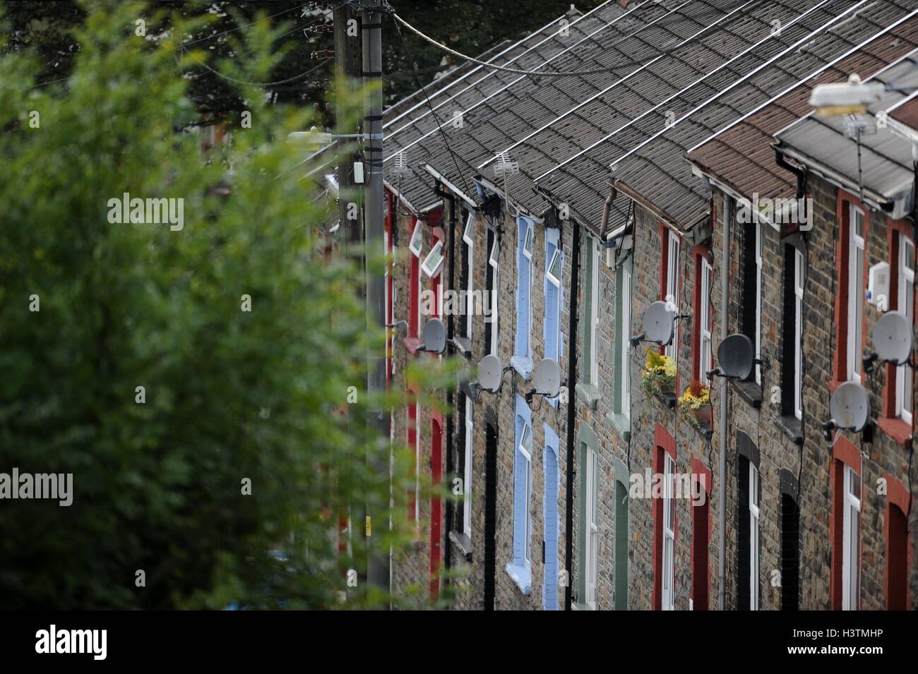 Einen allgemeinen Überblick über Reihenhäuser in Rhondda Täler, Wales, Großbritannien Stockfoto