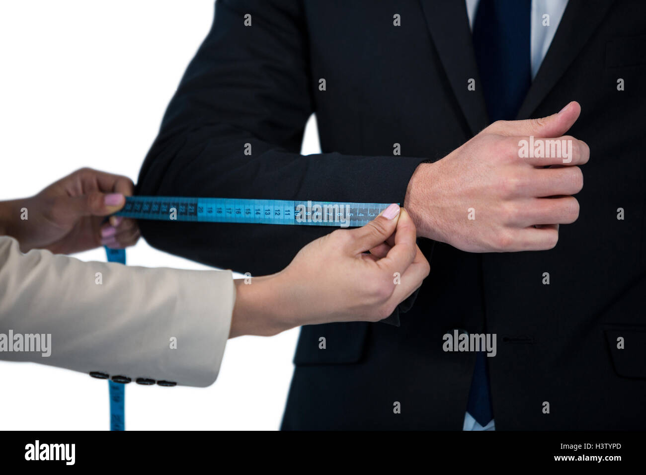 Mittleren Bereich der Frau Geschäftsfrau Ärmel messen Stockfoto