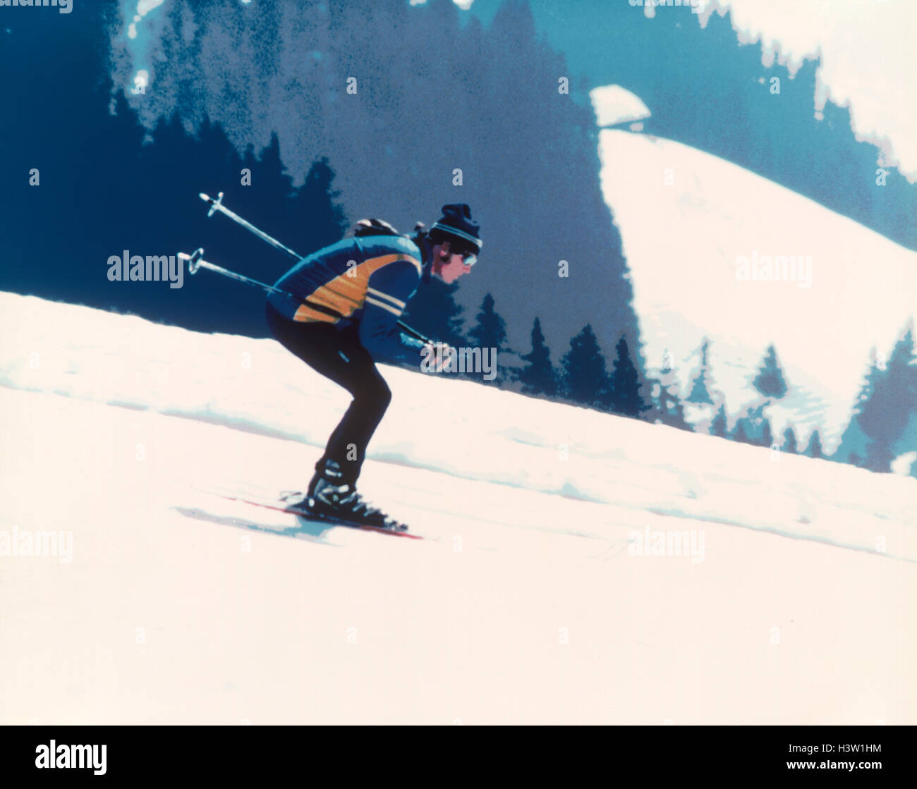 1970ER JAHRE JUNGGESELLE SKIFAHRER VERSTECKT POLEN UNTER ARMEN DOWNHILL SKI POSTERIZED FARBEFFEKT Stockfoto