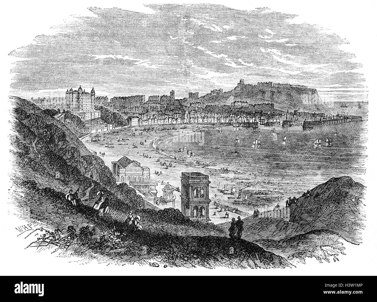 19. Jahrhundert-Ansicht von Scarborough, einer Stadt an der Nordsee Küste North Yorkshire, England. Historisch Teil des North Riding of Yorkshire, die Stadt liegt zwischen 10 – 230 Fuß (3 – 70 m) über dem Meeresspiegel steigt steil nach Norden und nach Westen vom Hafen auf Kalkfelsen. Der ältere Teil der Stadt liegt rund um den Hafen und wird von einer felsigen Landzunge geschützt. Stockfoto