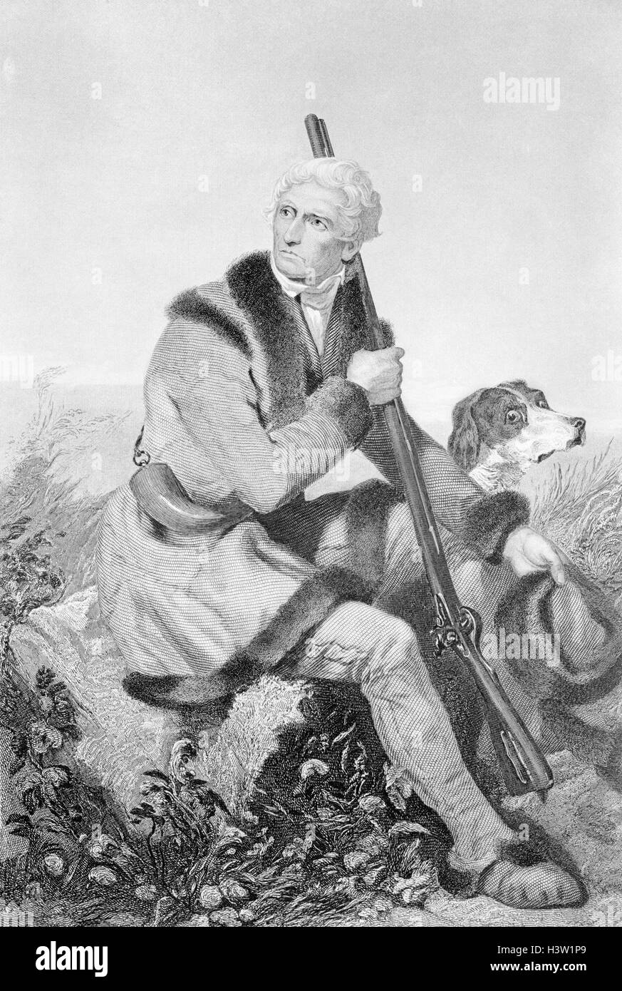1810S SENIOR DANIEL BOONE JAGD IN MISSOURI TRAGEN PELZ GETRIMMT JACKE STEINSCHLOSS GEWEHR UND HUND AN SEINER SEITE CHAPPEL GRAVUR Stockfoto