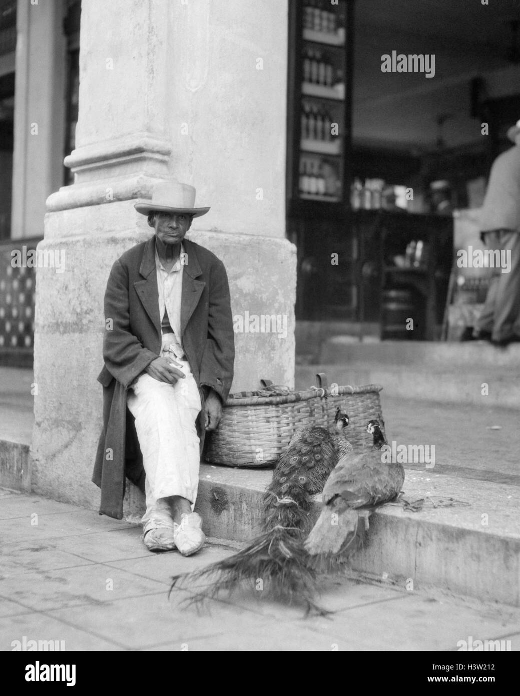 1920S 1930S PFAU ANBIETER SITZEN AUF STRAßE BLICK AUF KAMERA HAVANNA KUBA Stockfoto