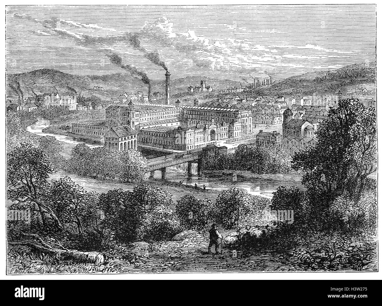 Saltaire ist einem viktorianischen Modelldorf in Shipley, wurde 1851 von Sir Titus Salt, einem führenden industriellen in der Yorkshire Wollindustrie gebaut. Der Name des Dorfes ist eine Kombination des Familiennamens des Gründers und den Namen des Flusses. Salz verschoben sein Geschäft (fünf separaten Mühlen) von Bradford zu diesem Aufstellungsort in der Nähe von Shipley, seine Arbeiter zu gestalten und seine große Textilfabrik von der Leeds und Liverpool Canal und der Eisenbahn vor Ort. Stockfoto