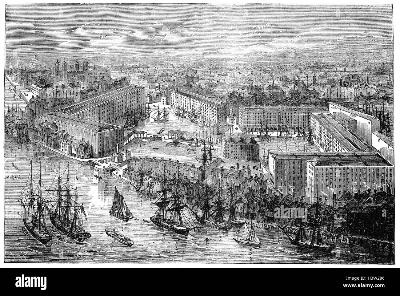 St. Katharine Docks in London Borough of Tower Hamlets wurde von Ingenieur Thomas Telford entworfen und war seine einzige große Projekt in London. Es war eines der kommerziellen Docks, London, auf der Nordseite des Flusses Themse östlich der Tower of London und Tower Bridge dienen. Stockfoto