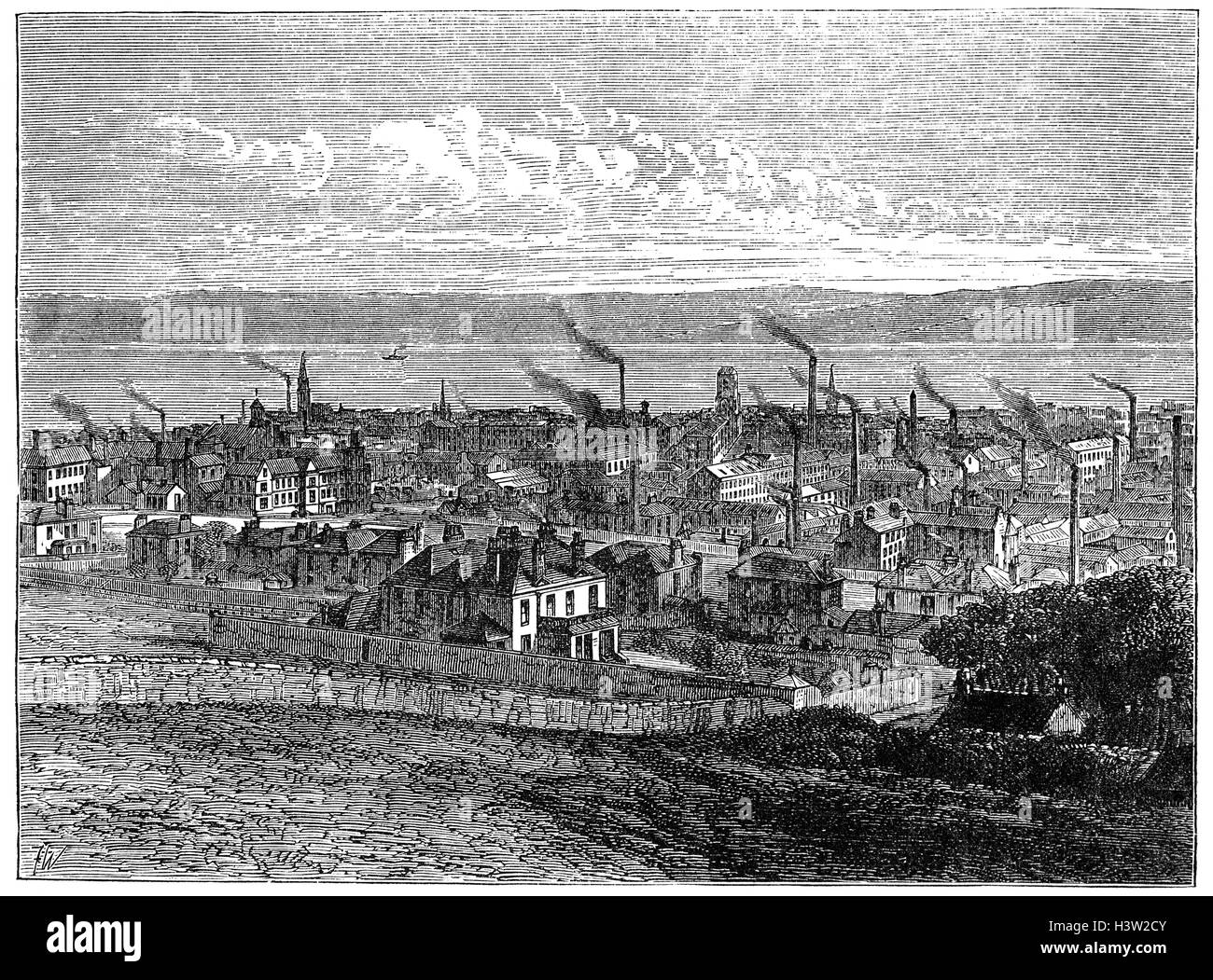 Dundee liegt im östlichen Mittelland am nördlichen Ufer des Firth of Tay. In seiner Blütezeit unterstützt es 62 Jutefaser-Mühlen, zusammen mit Walfang, maritime und Schiffbau. Das Hafengebiet wurde 1815 zur Bewältigung der gestiegenen Nachfrage nach Hafenkapazitäten. Stockfoto