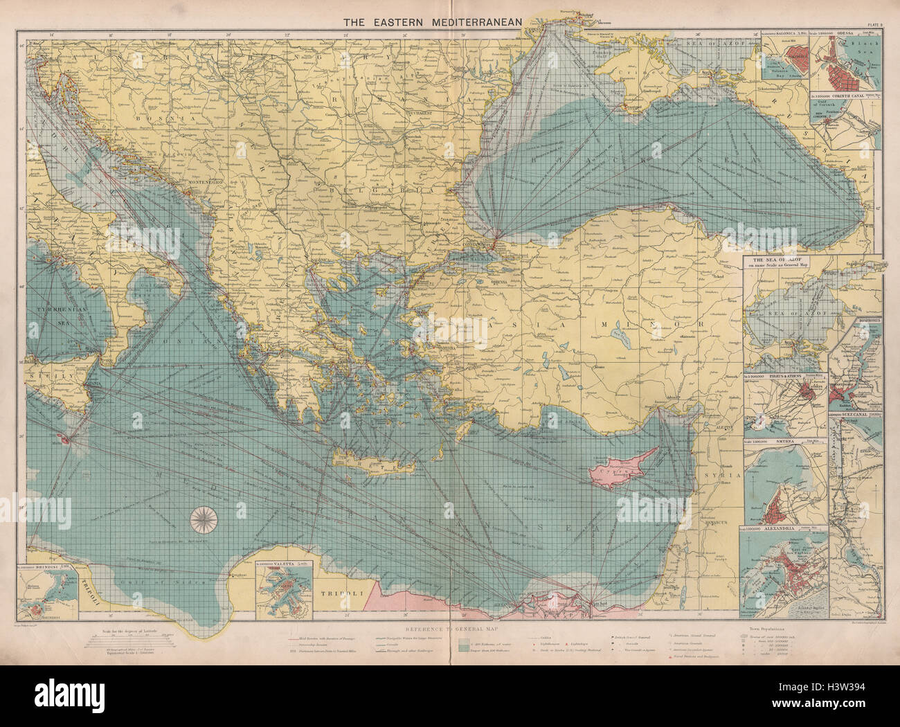 Östliches Mittelmeer & Schwarzmeer-Diagramm. Häfen-Leuchttürme-Mail. GROßEN c1914 Karte Stockfoto