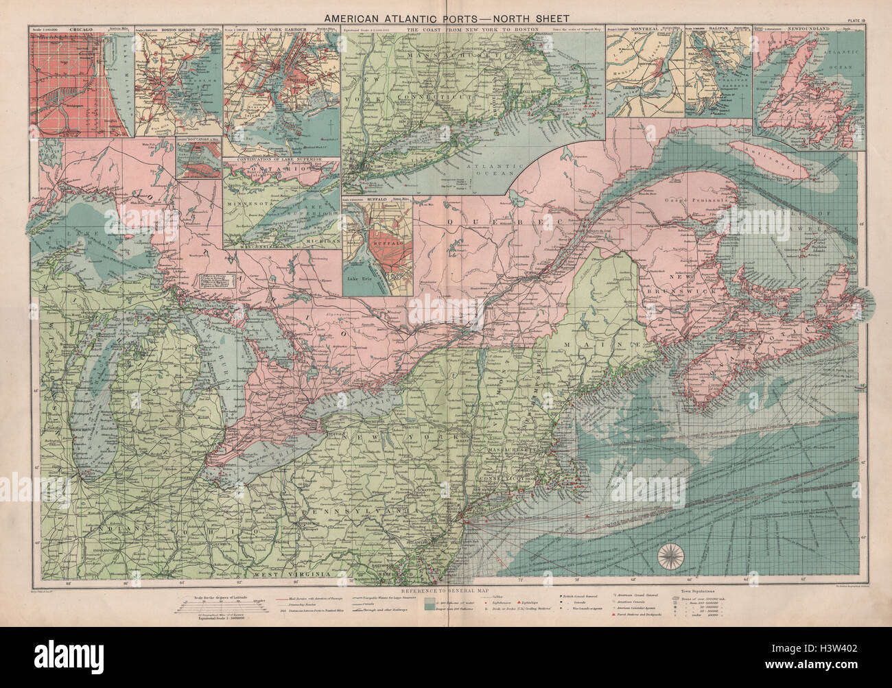 USA Kanada Atlantic & Great Lakes Häfen Seekarte. Leuchttürme & c große c1914 Karte Stockfoto