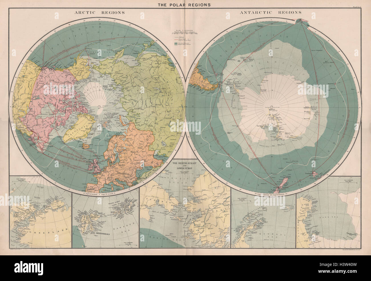 Polarregionen. Arktis/Antarktis Seekarte. Dampfer Routen. Alte Karte der großen c1914 Stockfoto
