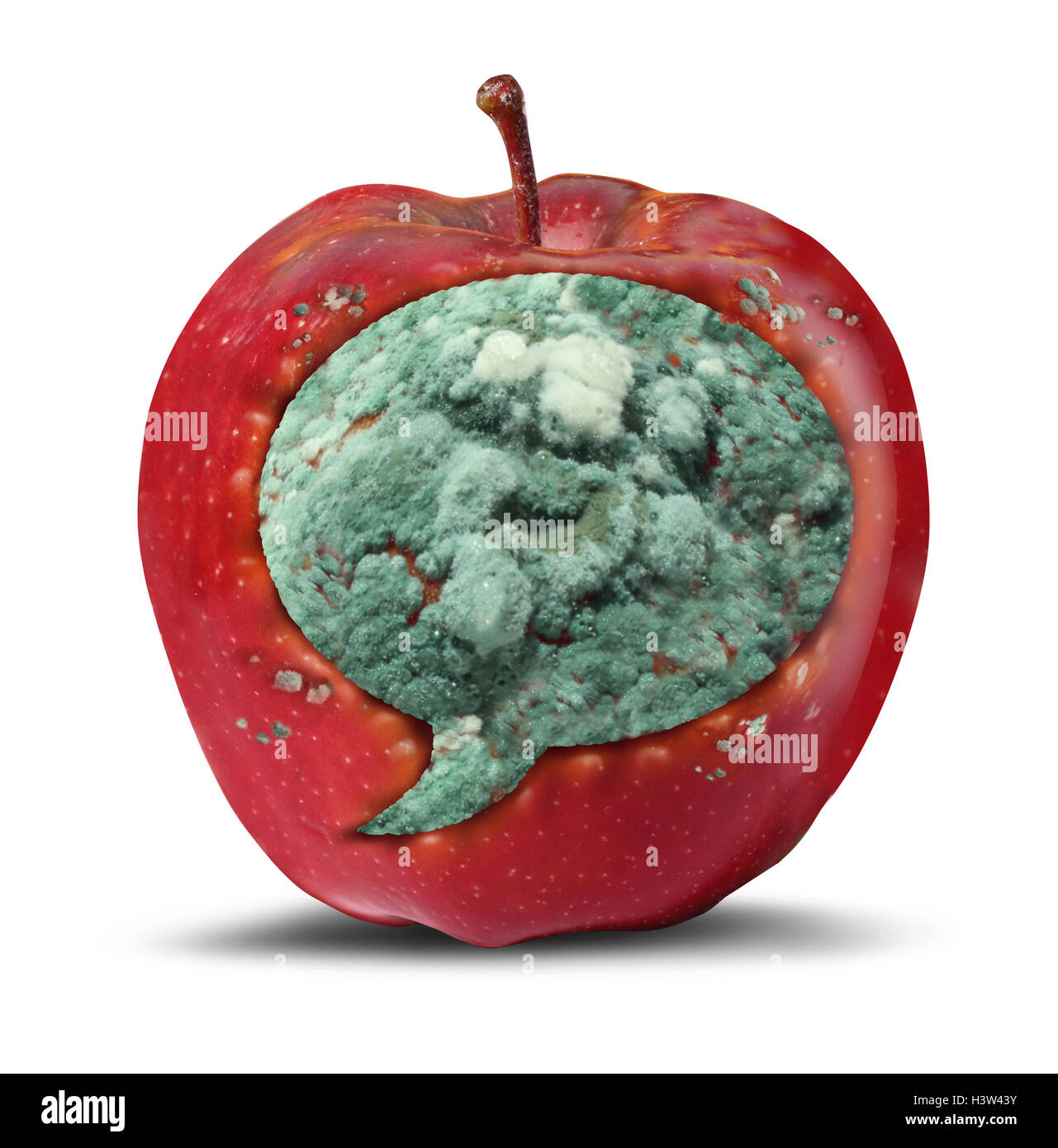 Hass-Rede-Symbol und riskante hasserfüllt Fremdenfeindlichkeit Kommunikation Symbol als faulen Apfel mit der Ausbreitung von Schimmel als eine Wort-Blase als Konzept zur Bigotterie in eine 3D Darstellung Stil geprägt. Stockfoto