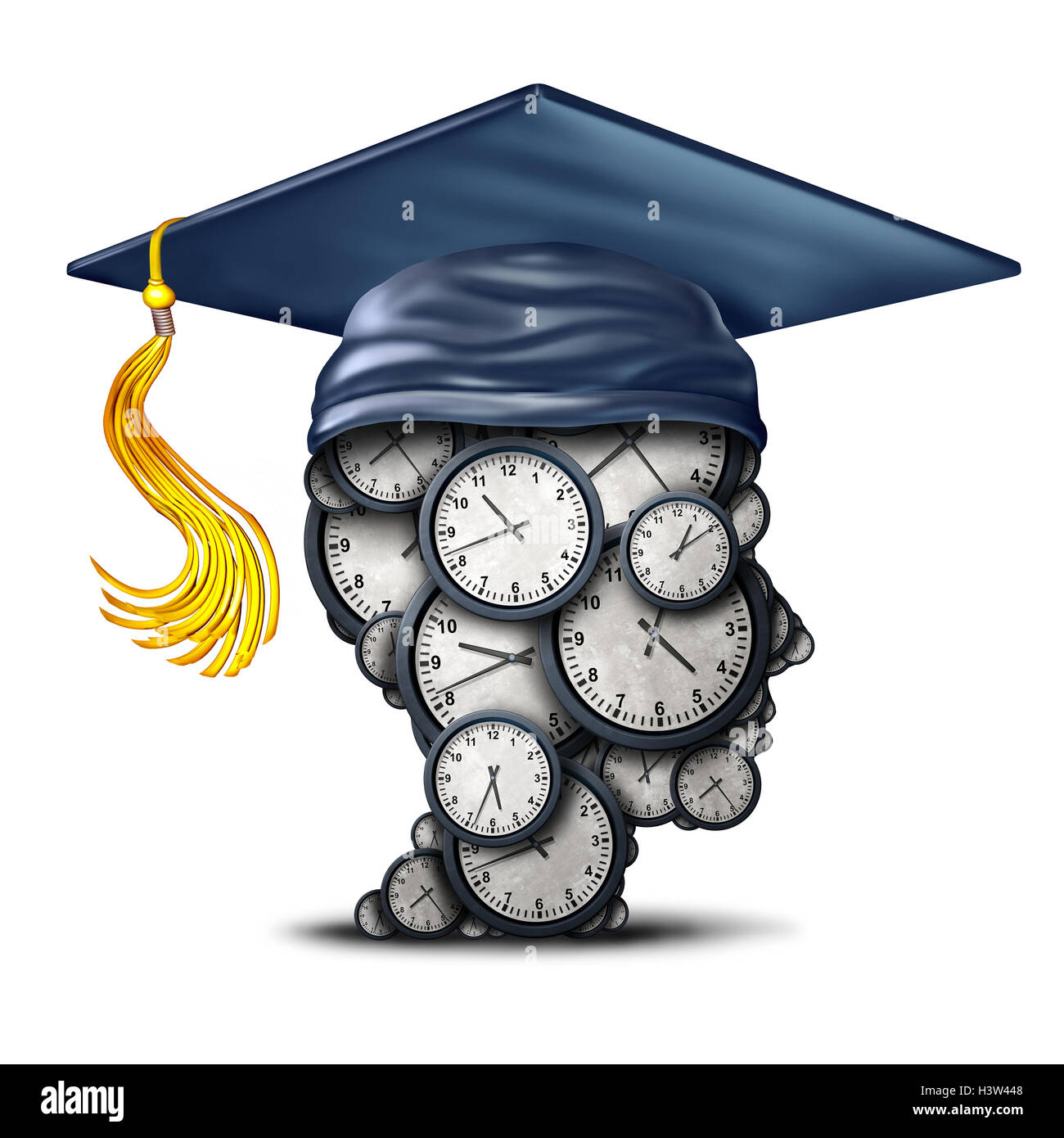 Zeit-Management Ausbildung und dem Studium Datum Konzept als eine Gruppe von Uhren, die Form eines menschlichen Kopfes mit einem Mörtel Board oder Absolvent Hut als Symbol für die Effizienz, die lernen als eine 3D Darstellung. Stockfoto