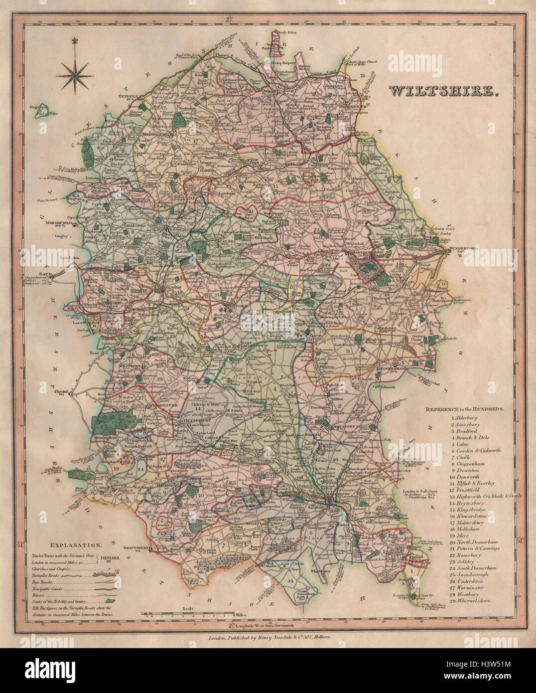 Antike Grafschaft Landkarte von Wiltshire durch Henry Teesdale 1831 alte Karte Stockfoto