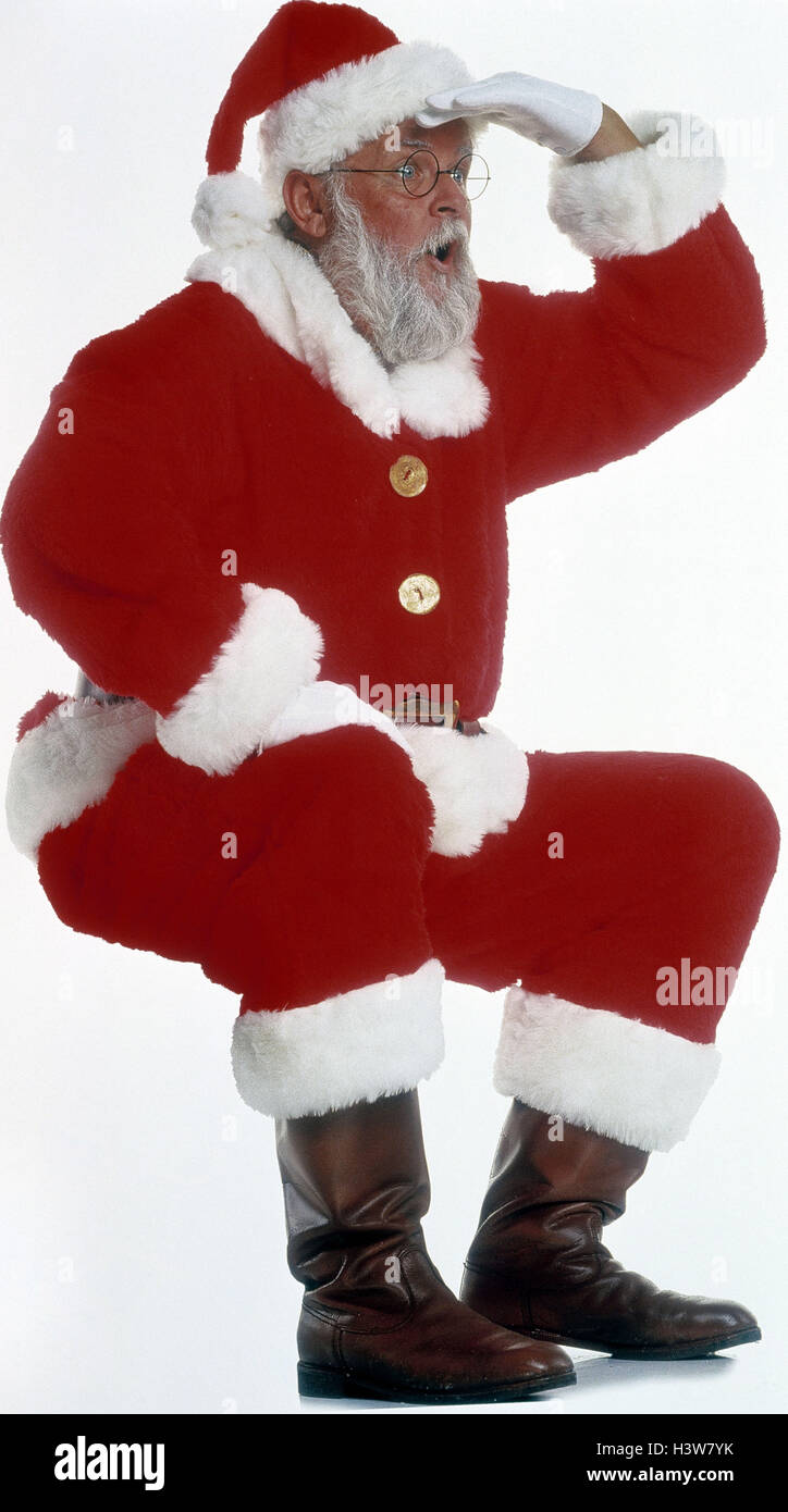 Santa Claus, hocken, ist überrascht, Geste, anzeigen Abstand x-mas, Weihnachten, Santa, Sit, Brille, Mimik, Überraschungen, erstaunt, Entdeckung, Blick, Blick, Suche Neugier, siehe, dort sehen Sie, Studio, cut Outs X MAS Ordner Stockfoto