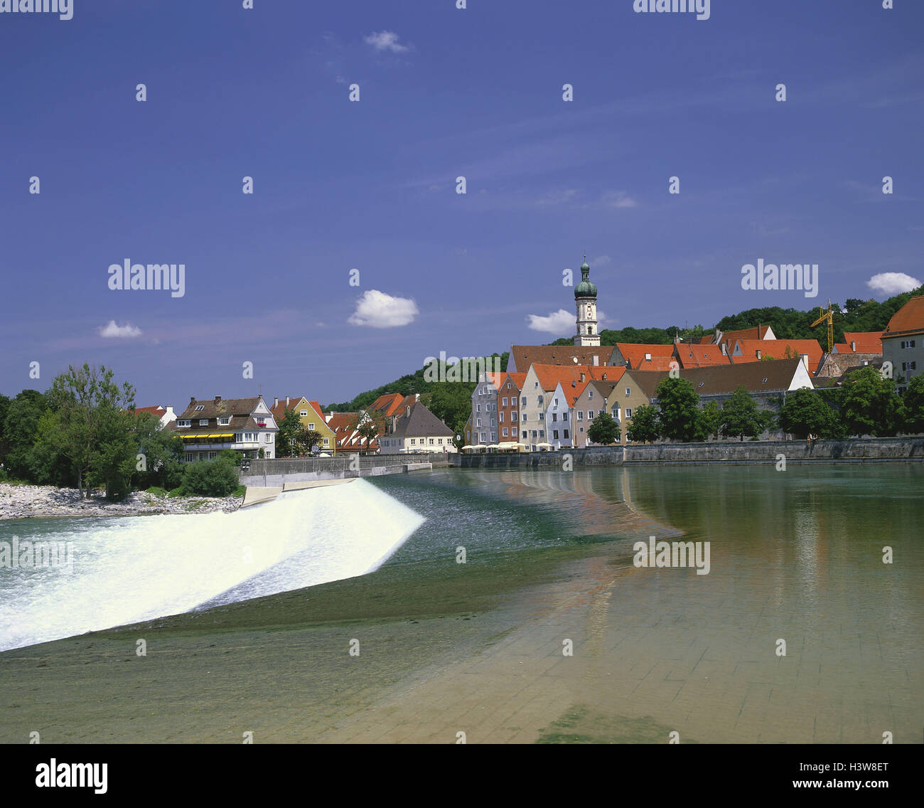 Deutschland, romantische Straße, Landsberg Lech, Blick auf die Stadt, Lech Europa, Bayern, Oberbayern, Häuser, Wohn-Häuser, Fluss, Lech, Verkehr Marmelade Schritt, Fluss, Modernisierung, Flussverbauung, Kirche, Pfarrkirche, Blick, außerhalb Stockfoto