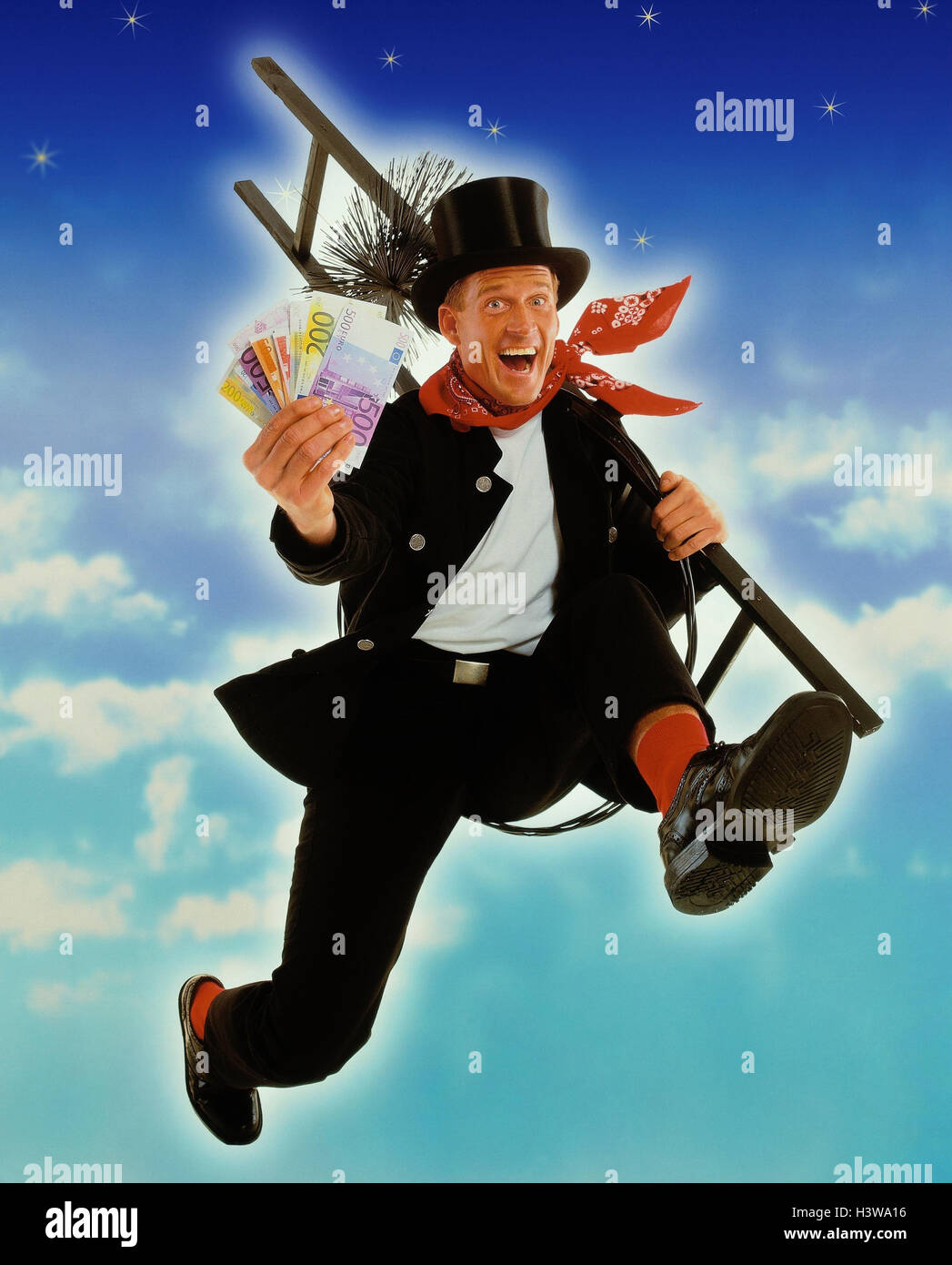 Komponieren, Schornsteinfeger, Geld, Bewegung, Kapern, Icon, Glück Konzepte, Schornsteinfeger, Besetzung, Geldscheine, Banknoten, Gewinn, Glücksbringer, führe, Studio, bewölkter Himmel, Stockfoto