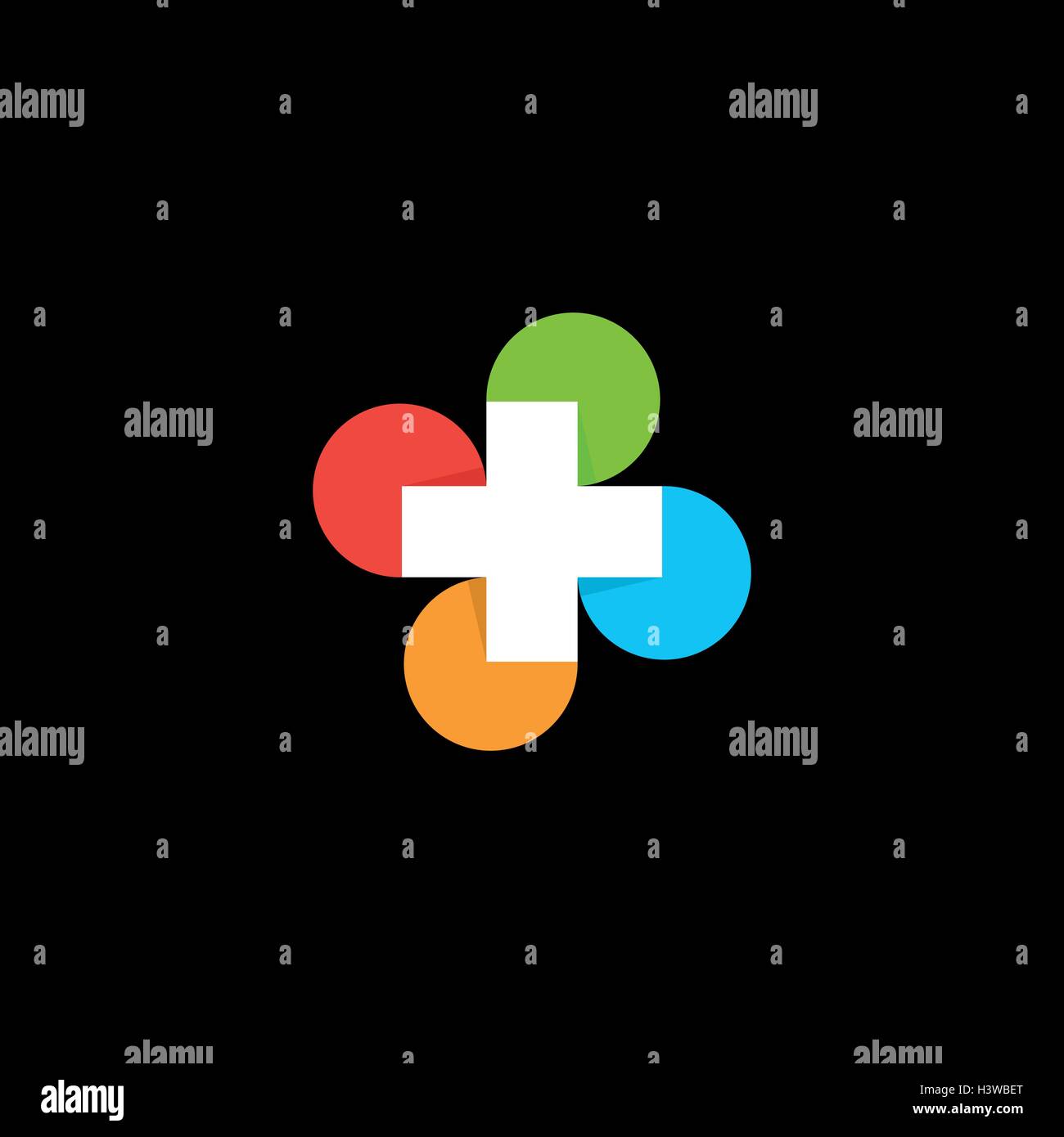 Isolierte abstrakt bunt Kreuz Runde medizinisches Logo. Religiöses Zeichen. Büro-Emblem des Arztes. Krankenwagen-Label. Erste-Hilfe-Symbol. Plus -Taste. Vektor-Illustration. Stock Vektor