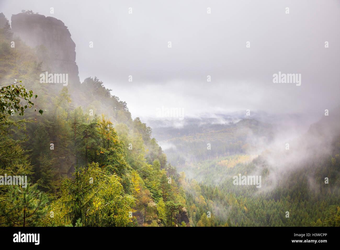 Neblige Sicht in die Böhmische Schweiz Nationalpark Ceske Svycarsko in der Nähe von Mezní Louka, Usti Nad Labem, Tschechische Republik Stockfoto
