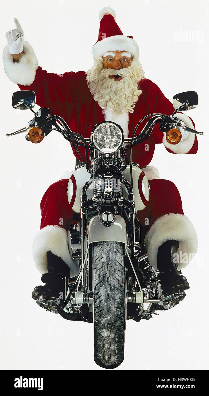 Santa Claus, Motorradfahrer, Geste, Pay Aufmerksamkeit Studio, Freisteller, innen, Motorrad, Go, Aufmerksamkeit, Achtung, aufmerksam machen, Aufmerksamkeit Stockfoto
