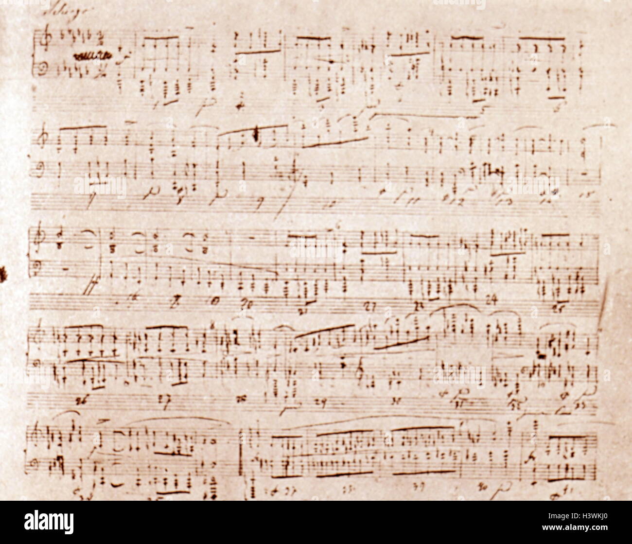 Handschriftliche Sonate von Frédéric Chopin (1810 - 1849) Ein polnischer Komponist und virtuoser Pianist der romantischen Epoche, auf seinem Sterbebett. Vom 19. Jahrhundert Stockfoto