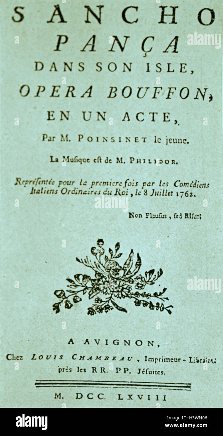 Abdeckung eines französischen Oper über Cervantine Affäre, mit Musik von François-André Danican Philidor (1726-1795), französischer Komponist und Schachspieler. Vom 18. Jahrhundert Stockfoto