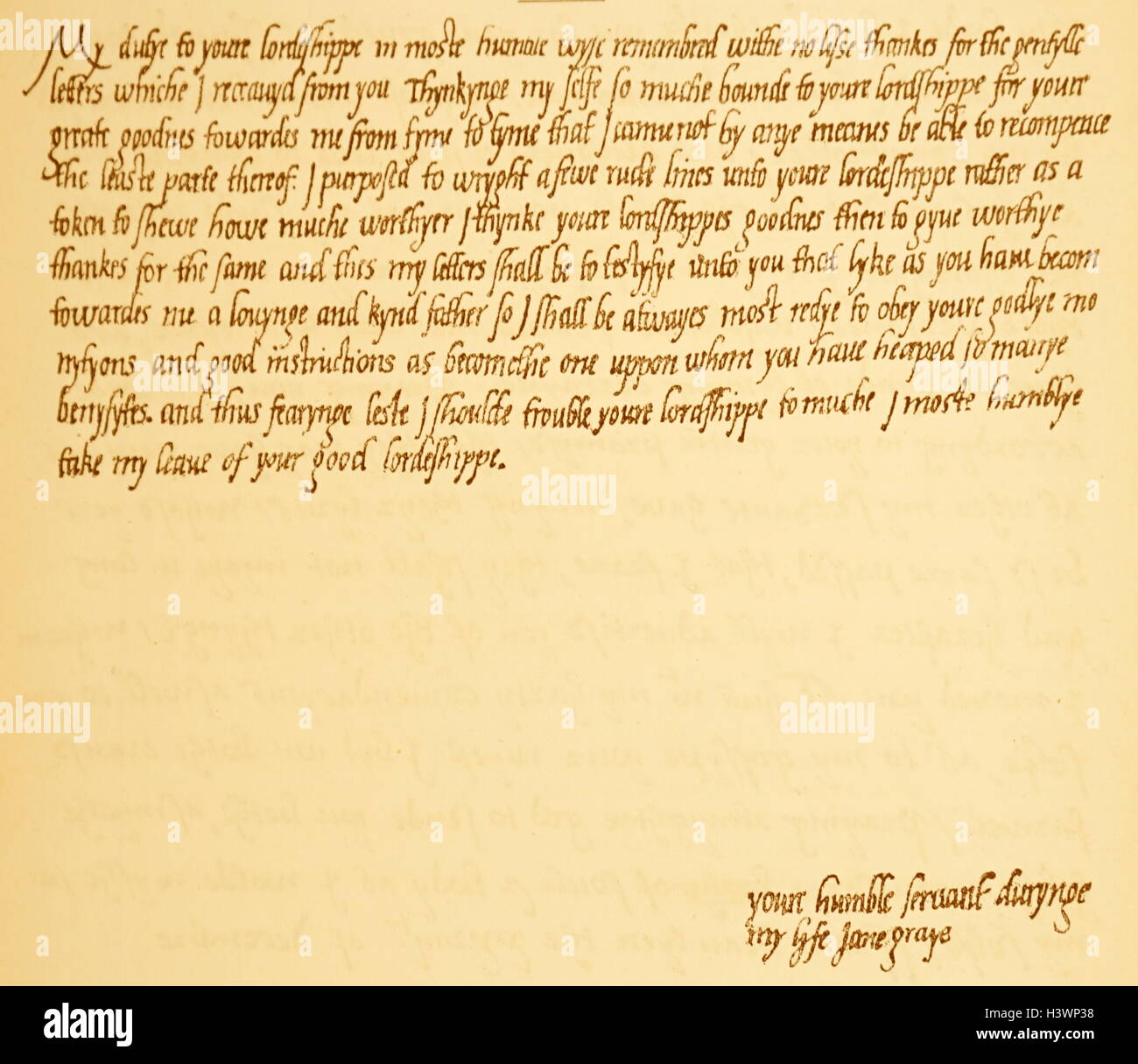 Brief von Lady Jane Grey, Admiral Lord Serymour 1568. Thomas Seymour, 1. Baron Seymour von Sudeley, war der Bruder der englischen Königin Jane Seymour, war die dritte Frau von König Henry VIII und Mutter von König Edward VI. Stockfoto