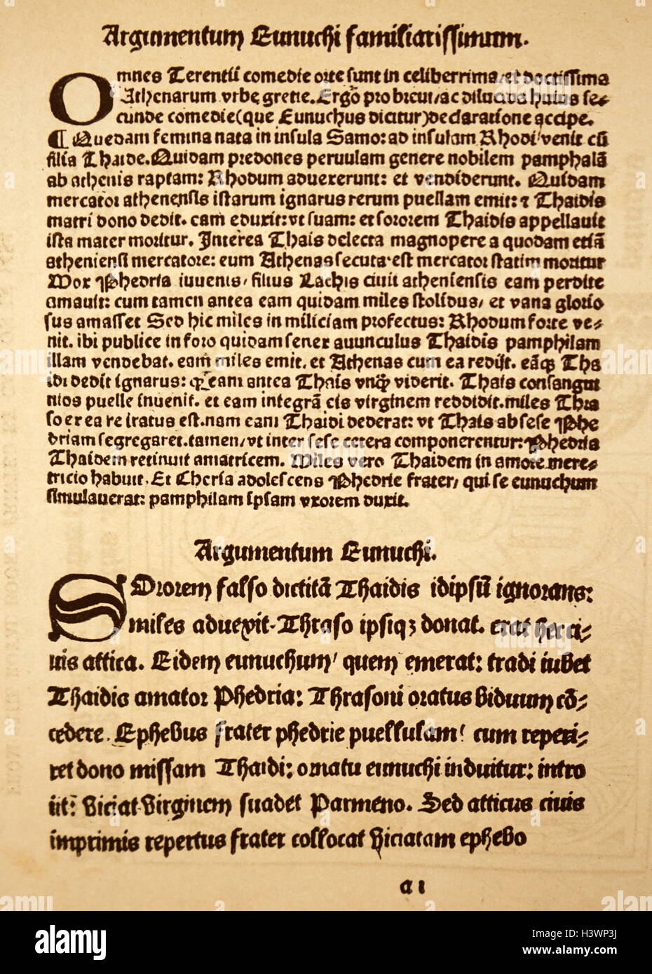 Muster aus der Komödien von Terence von Richard Pynson (1448-1529) als eine der ersten Druckereien der englischen Bücher gedruckt. Vom 15. Jahrhundert Stockfoto