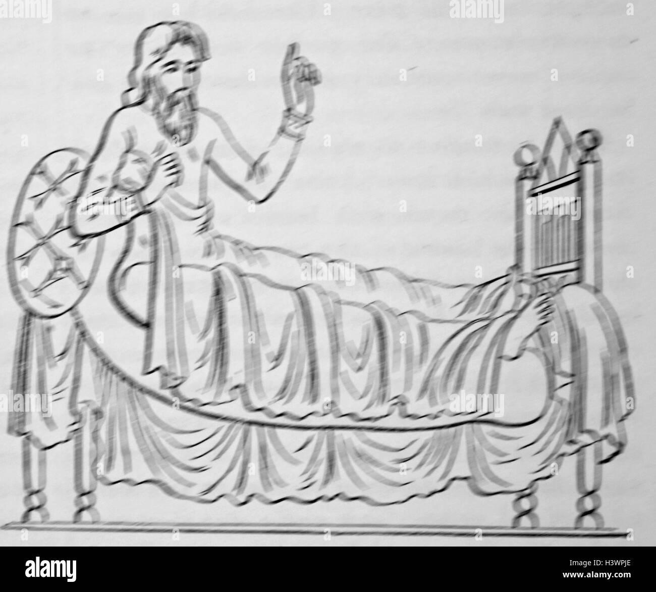 Holzschnitt zeigt einen Mann in einem Norman Stil Bett liegen. Vom 12. Jahrhundert Stockfoto